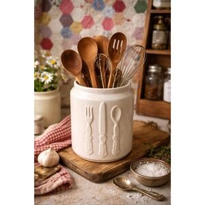 Pier 1 Utensil‎ Holder Off White Silverware container Kitchen Farmhouse Canister